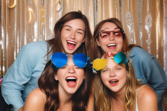 A group of friends laughing and posing together inside a vibrant and whimsically decorated photo booth