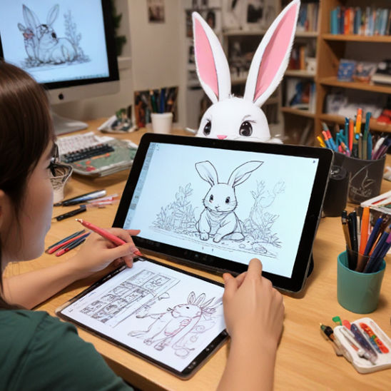 An artist at a desk sketches a colorful Mana Rabbit webtoon scene on a tablet.