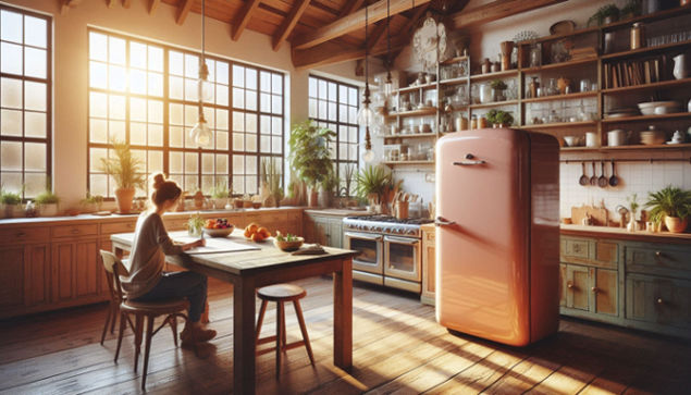 A bright kitchen featuring a repaired vintage refrigerator, with a designer sketching ideas nearby.