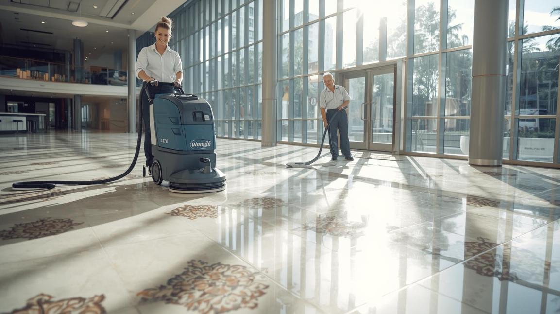 Two smiling cleaners restore ceramic tiles in a bright Brisbane public building.